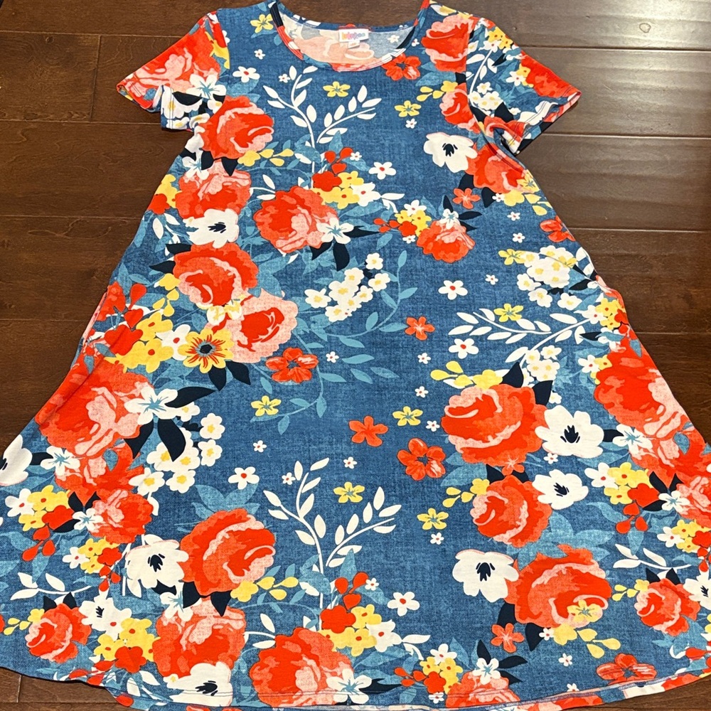 LuLaRoe Blue Floral A-Line Dress with Red, White, and Yellow Flowers